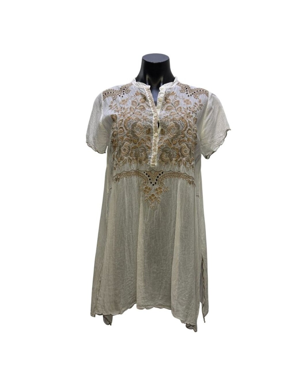 Johnny Was Embroidered White & Tan Boho Blouse Tunic Top S